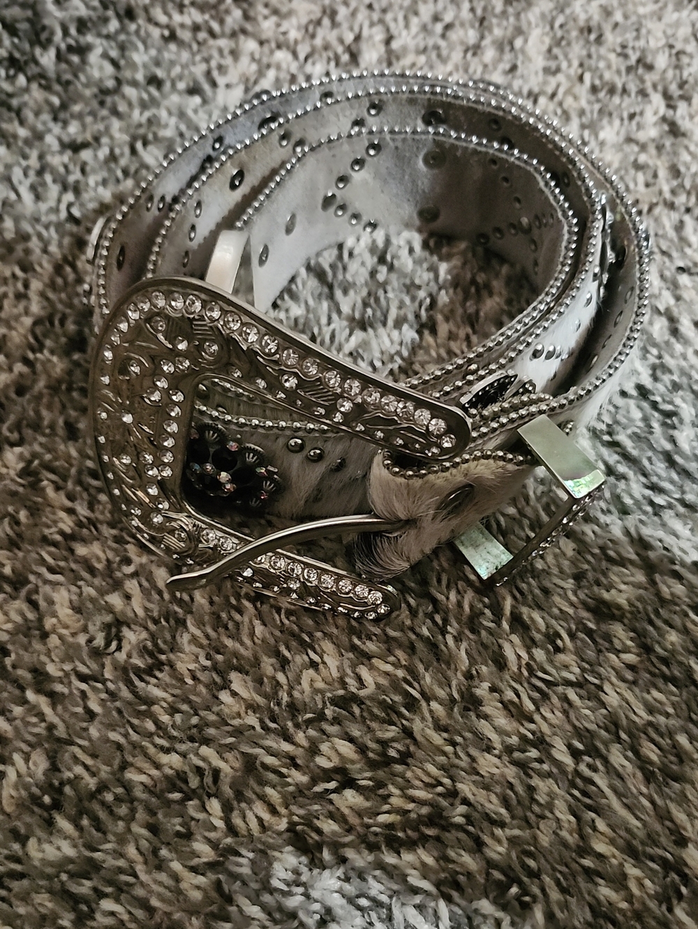 BHW White Leather Cowhide & Cross Embellished Women’s Belt